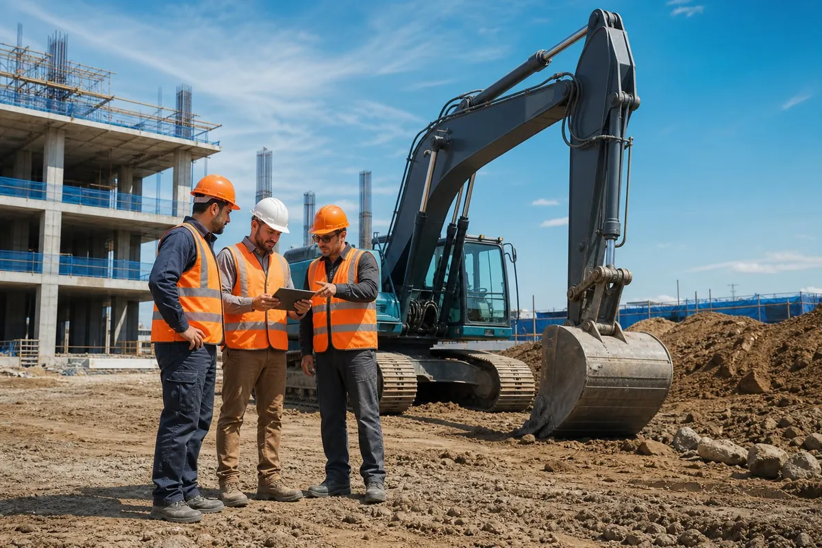 Trabajadores con equipo de seguridad en una obra de construcción