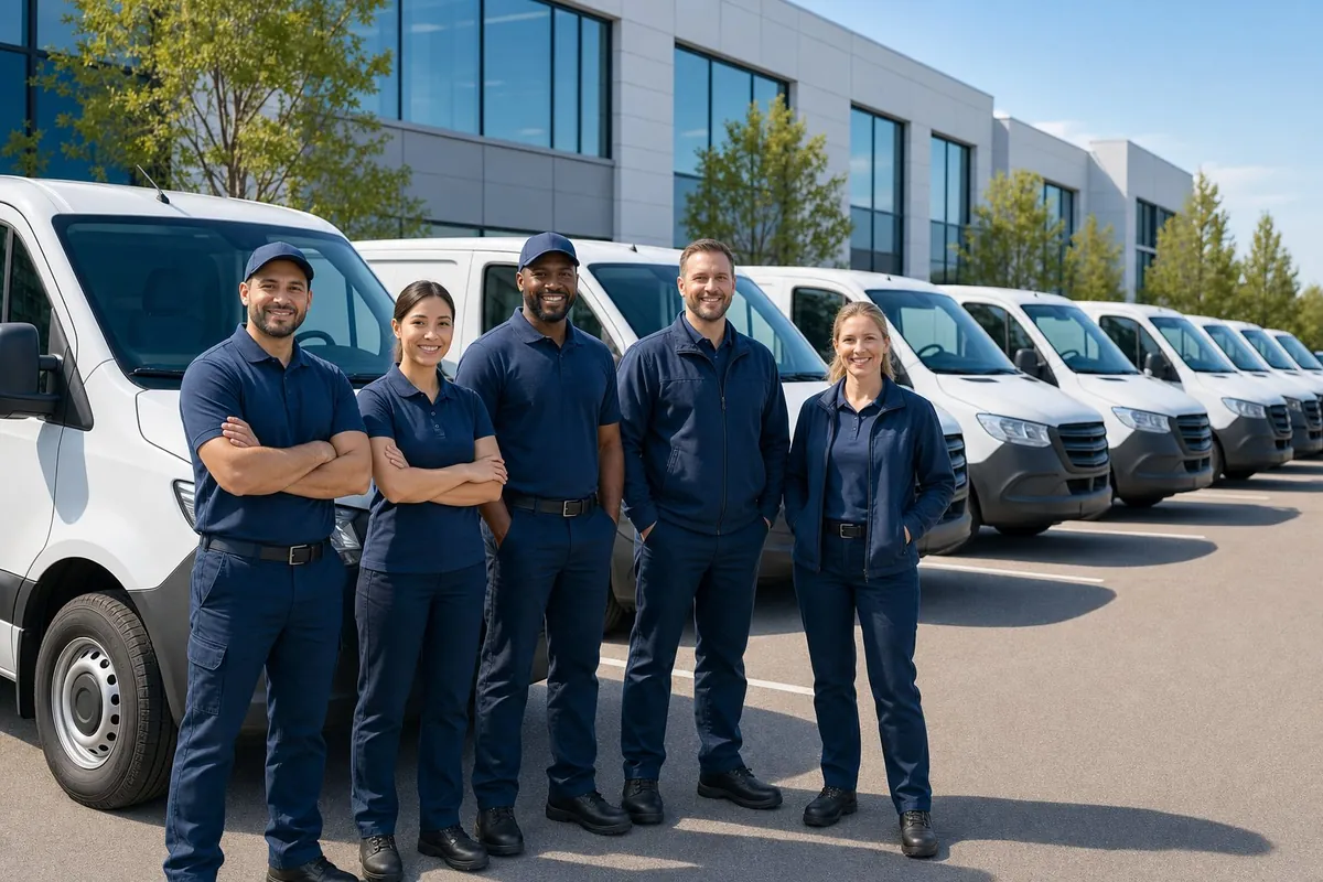 Equipo de trabajo descargando mercancía de un vehículo de la flota