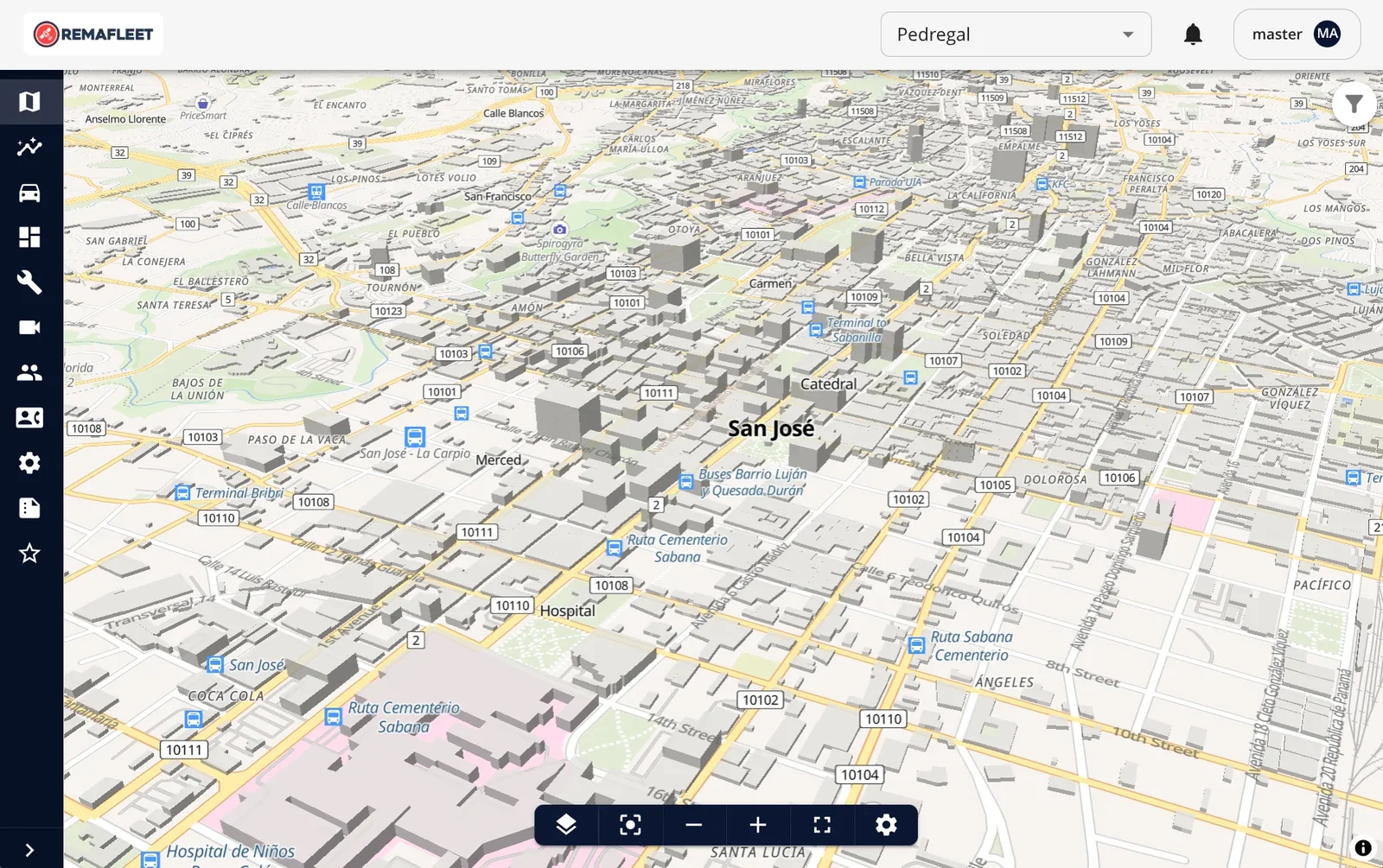 Mapa 3D en vivo de RemaFleet con la flota sobre la ciudad en tres dimensiones