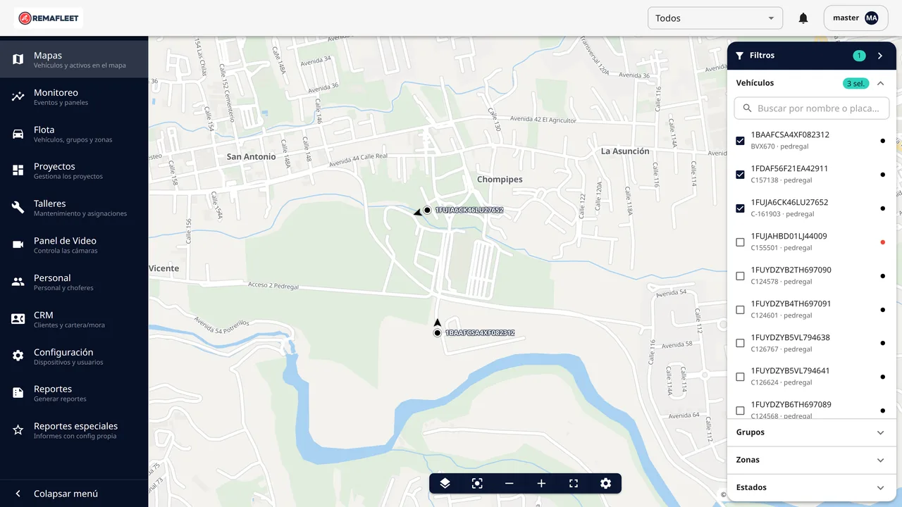 Mapa en vivo de RemaFleet con la flota monitoreada en tiempo real