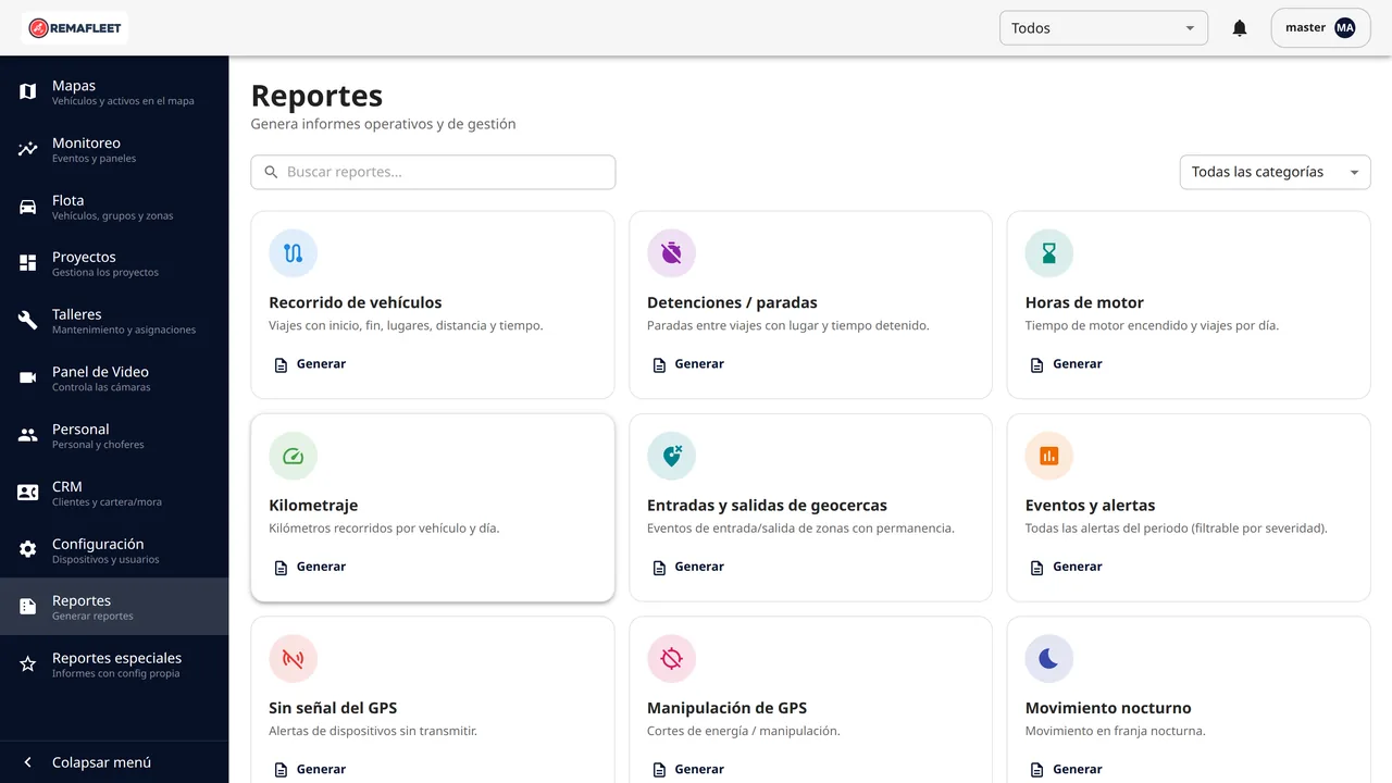 Reportes ejecutivos de RemaFleet exportables a PDF y Excel